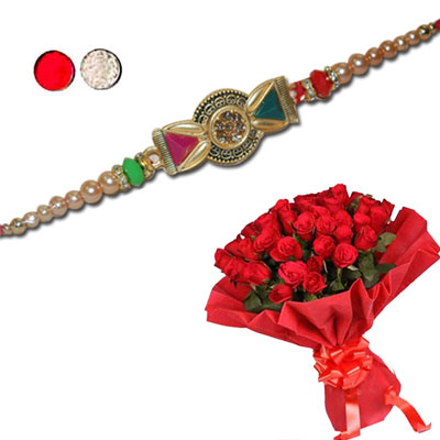 "Zardosi Rakhi - ZR-5450 A (Single Rakhi), 25 red roses flower bunch - Click here to View more details about this Product